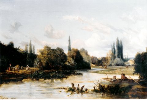 Camille Flers ( 1802 – 1868) „Fischer mit ihrem Nachen am Fluss“, Öl/Lwd., 30 x 46 cm, signiert links unten und 1840 datiert