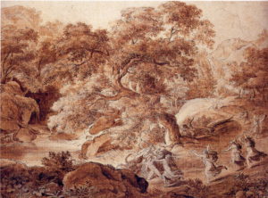 Landschaft mit dem Tod des Orpheus, 1798, Feder und Pinsel in Braun, Berlin, Sammlung der Zeichnungen in der National-Galerie (ehemals DDR)