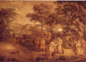 Landschaft mit Rebecca und Elieser am Brunnen,  1800, Feder und Pinsel in Braun, weiß gehöht, Privatbesitz