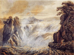 Der Rheinfall bei der Galerie und Schloß Lauffen, 1791, Feder, Pinsel, Grau und Deckweiß, Stuttgart Staatsgalerie, Graphische Sammlung