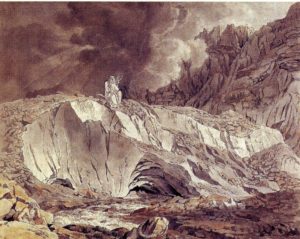 Gletscher mit Berggeist und Quellgottheit, 1793/94, Aquarell über Feder in Braun, Privatbesitz